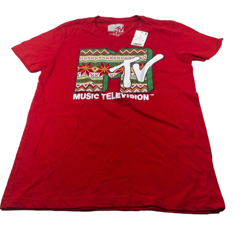 Mtv Women's Size Medium Tee Shirt Holiday Graphic Short Sleeve Red New With Tags